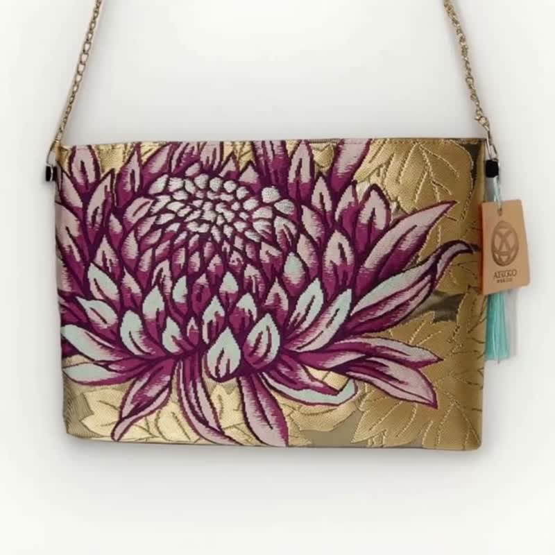 日本真丝和服腰带单肩包, 手工刺绣斜挎包, 环保再生时尚设计 - 侧背包/斜挎包 - 丝.绢 金色