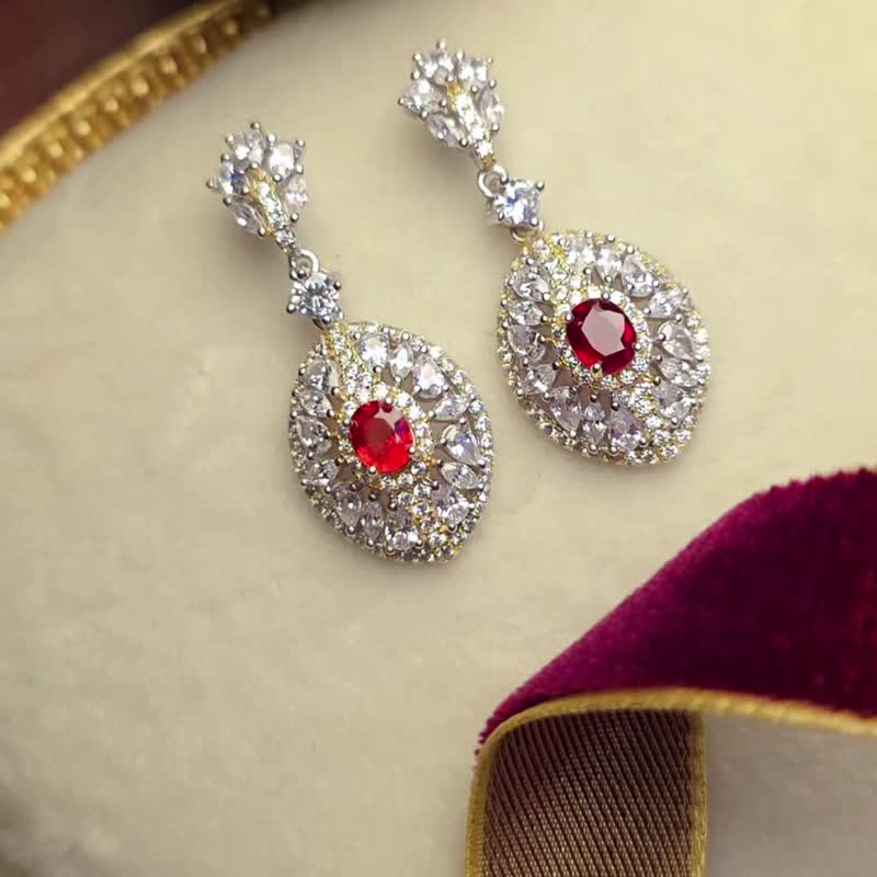 |真鸽血红宝石天然无烧缅甸|财富•健康•爱情-纯银豪镶耳 - 耳环/耳夹 - 宝石 