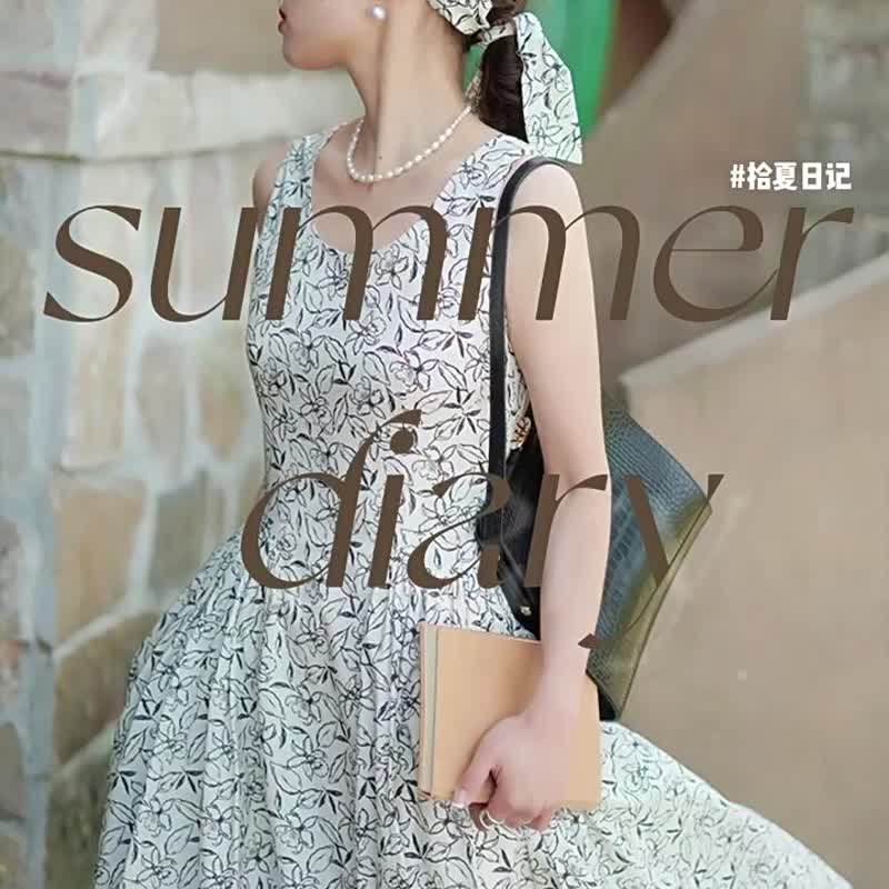 米白植物印花 花的語言 法式復古U型領背心洋裝 碎花大裙擺連身裙 - 洋装/连衣裙 - 棉．麻 白色