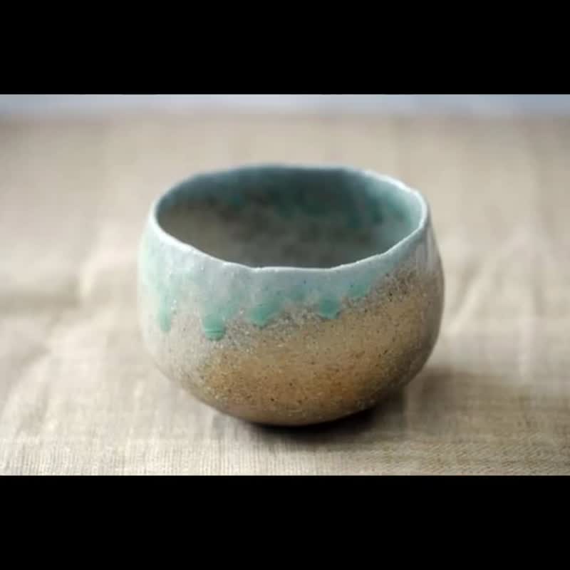 2 件套 ・蓝绿和白色沙滩清酒杯 ・日本茶杯 ・窑变质 3 级 - 酒杯/酒器 - 陶 