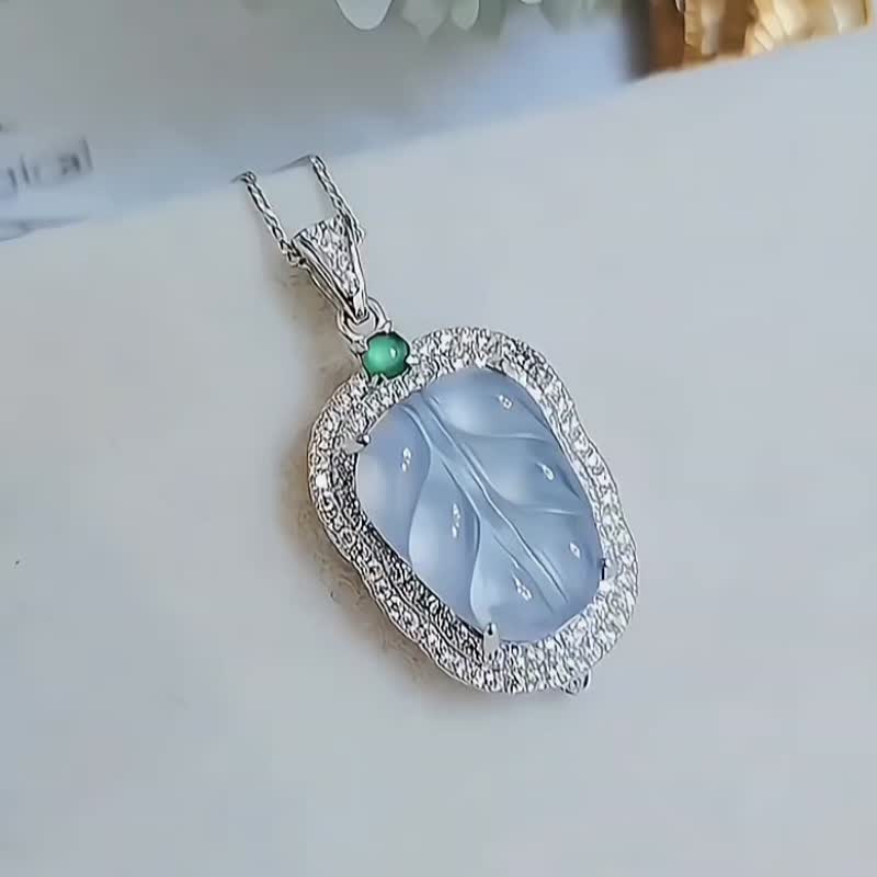 |梦幻蓝叶|a货翡翠冰玻蓝起萤光叶子15mm纯银镀18k豪镶吊坠 - 项链 - 玉石 