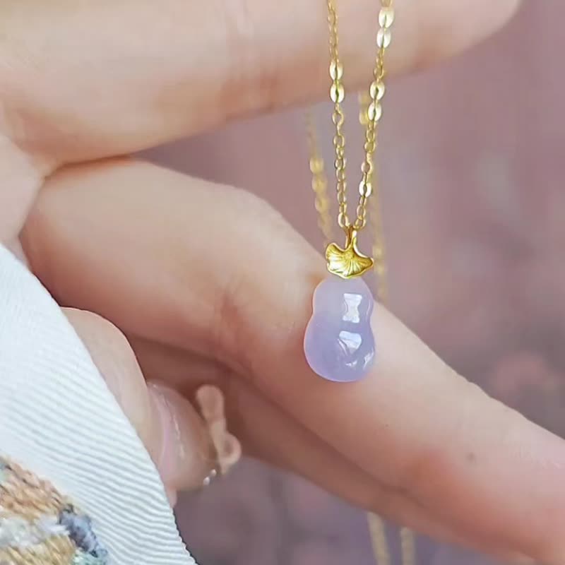 招财•福气•贵人|纯18k金银杏叶冰胶紫小福瓜|缅甸A货翡翠吊坠 - 项链 - 玉石 