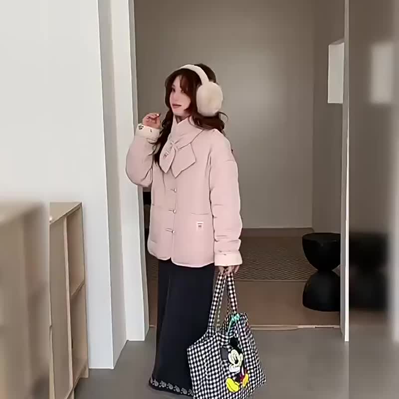 粉紫色 中式盤扣少女駝絨棉襖 棉服圍巾套裝 軟糯保暖外套 - 女装休闲/机能外套 - 棉 粉红色