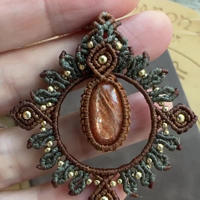 N1194 蜡线编织 太阳石 铜珠 颈链 (可调长度) - 项链 - 宝石 咖啡色