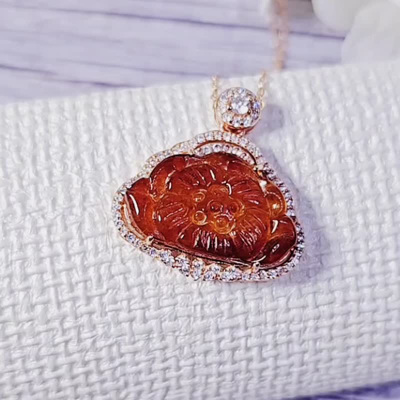 |鸿运莲莲|a货翡翠冰焦糖红翡大莲花22mm纯银镀18k玫精致吊坠 - 项链 - 玉石 