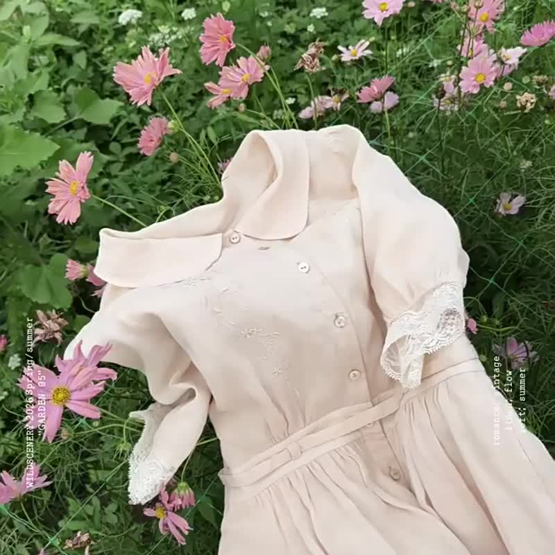 杏色 南枝 法式苧麻天絲重工刺繡洋裝 兩面穿襯衫裙 中長款連身裙 - 洋装/连衣裙 - 棉 白色