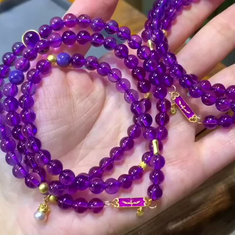 天然玻璃体紫水晶三圈手链项链搭配烧蓝般若佛眼心想事成平安顺遂 - 项链 - 玉石 
