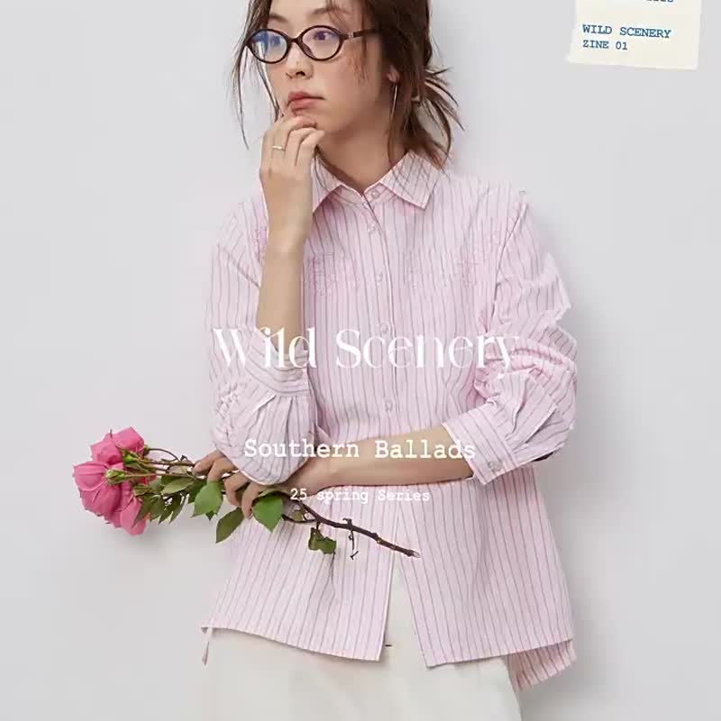 粉紅條紋 熠熠生花 法式繡花工藝翻領通勤襯衫 氣質長袖襯衣 - 女装衬衫 - 棉．麻 粉红色