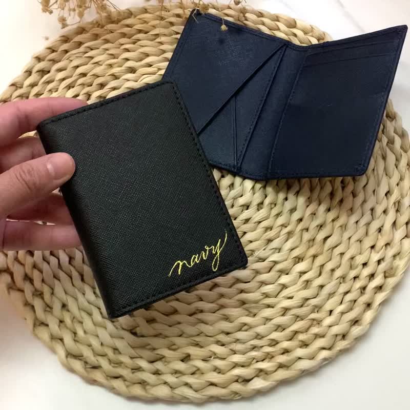 【客制】真皮 信用卡包 十字纹 烫金名字定制 免费刻字 定制化 - 名片夹/名片盒 - 真皮 黑色