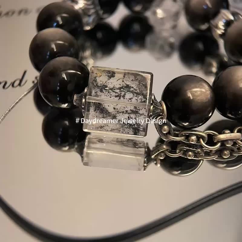 银曜石晶洞玛瑙闪灵黑发黑幽灵纯银设计款手链 - 手链/手环 - 水晶 黑色