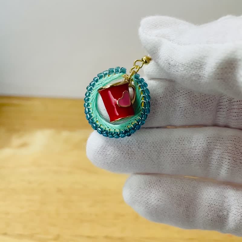 复古红杯绿松石线几何图案梦幻耳环 - 耳环/耳夹 - 绣线 蓝色