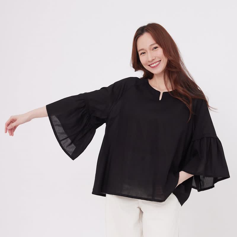 Elsa V型缺口领喇叭袖上衣/ 黑 - 女装上衣 - 棉．麻 黑色