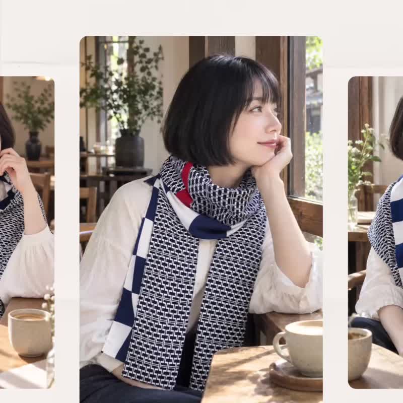 纯手作纯棉菊花棋盘格纹蓝色几何撞色红色三角拼接围巾披肩 - 围巾/披肩 - 棉．麻 蓝色