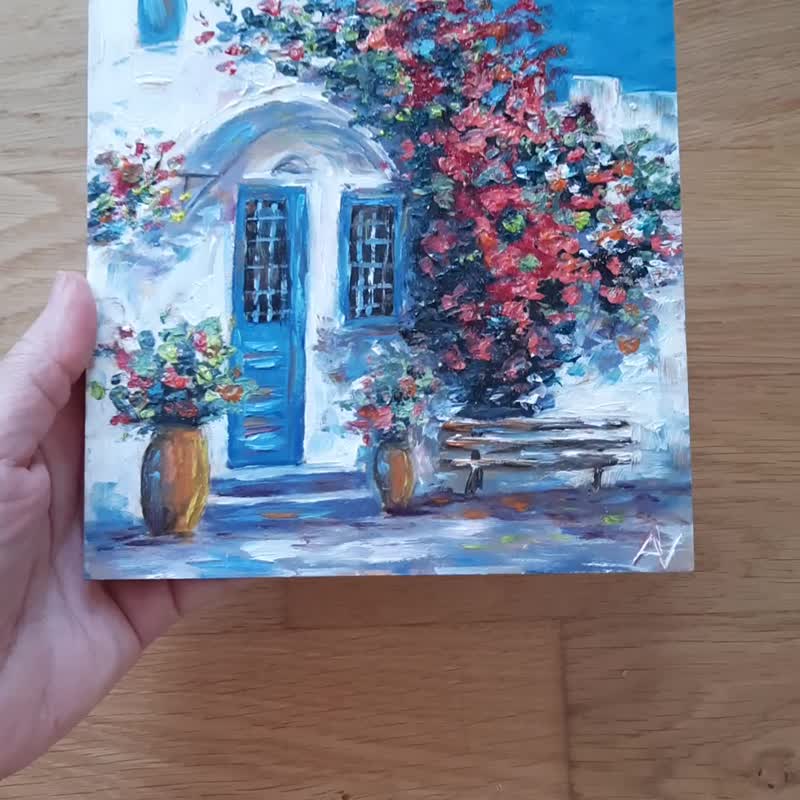 希腊庭院 原创油画 九重葛 希腊街景艺术画作 - 墙贴/壁贴 - 木头 