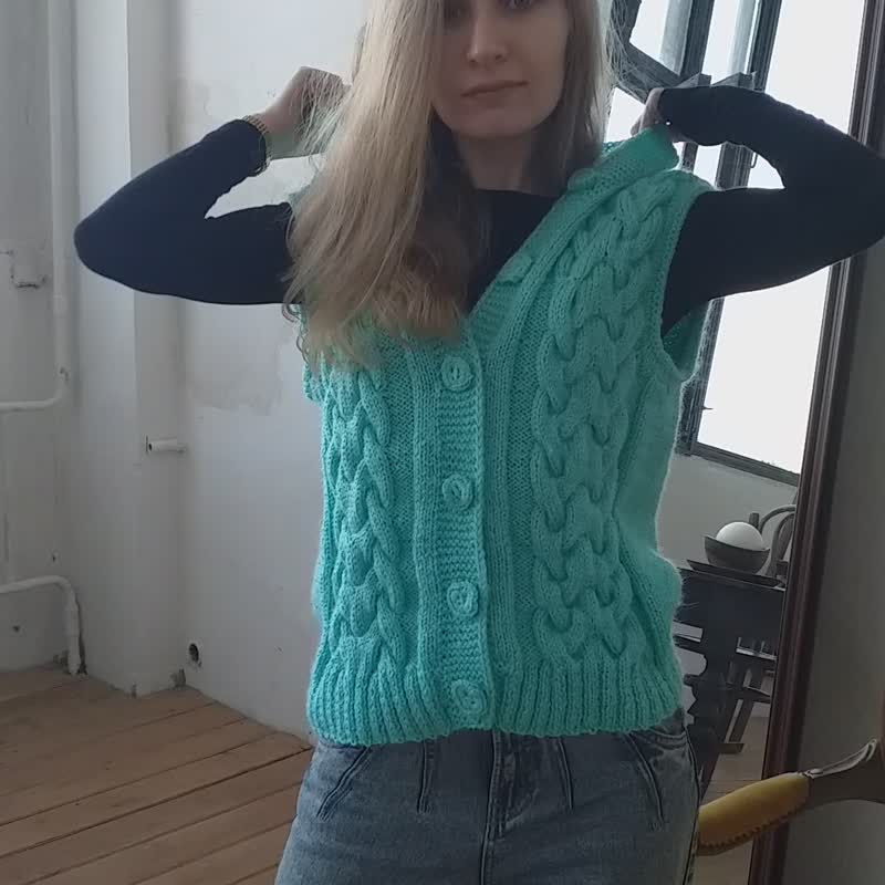 带耳朵的羊毛背心 - 女装背心 - 羊毛 绿色