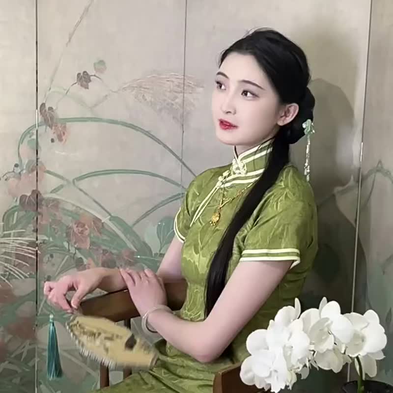 柳色新夏季新品中长款旗袍高级气质简约立领有省显瘦绿色暗纹 - 旗袍 - 其他材质 绿色