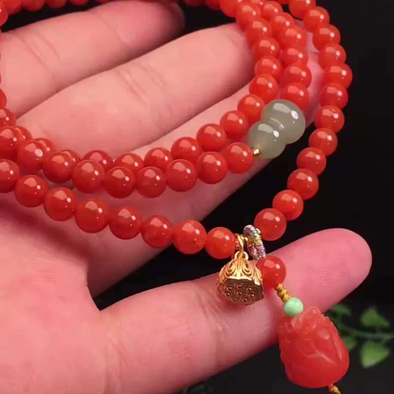 精品天然四川南红手链 绕手3圈 柿子红 搭配天然南红貔貅 - 手链/手环 - 水晶 