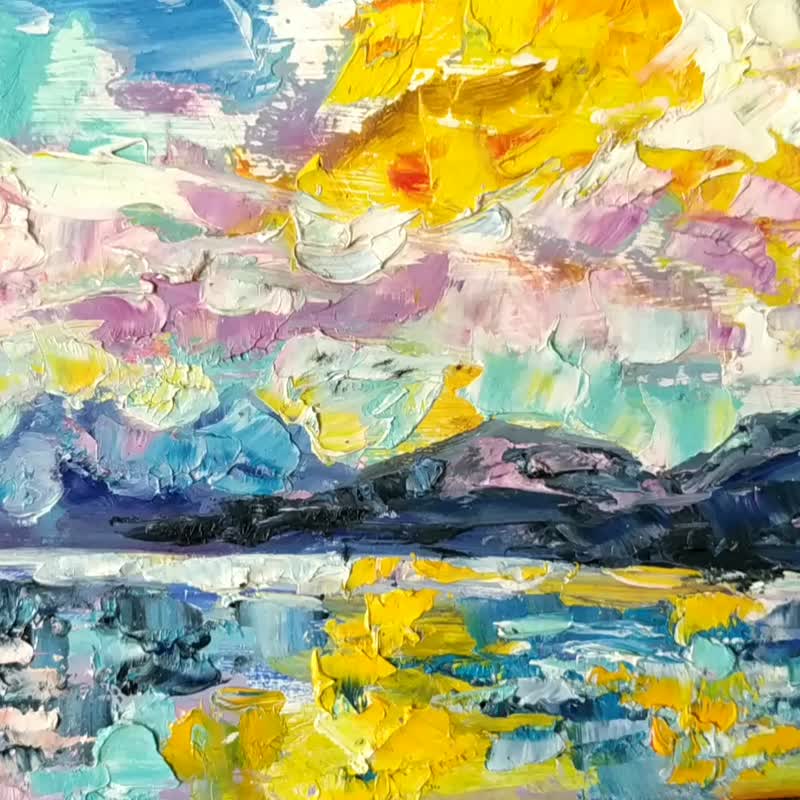 Sunrise Landscape Original Oil Painting Sky Lake Artwork Nature Mountains 油畫原作 - 海报/装饰画/版画 - 木头 多色
