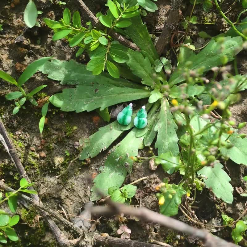 18K天然真钻白底青葫芦耳环 - 耳环/耳夹 - 玉石 绿色