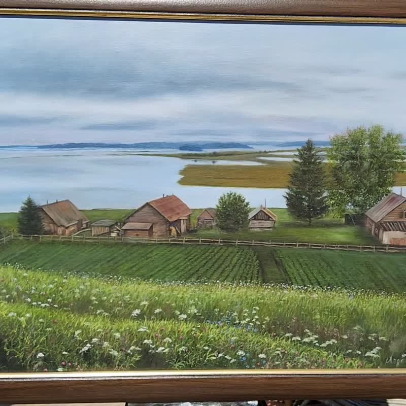 夏季乡村油画原创艺术 52 x 72 厘米复古风景场景 - 插画/绘画/写字 - 亚麻 