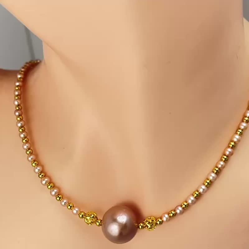 粉红天使天然淡水珍珠 粉色珍珠 华丽 磁吸扣 项链 - 项链 - 珍珠 粉红色