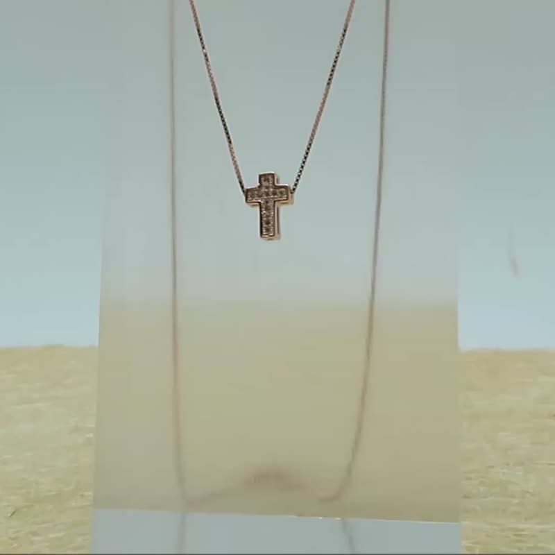 十字架项链-厚镀玫瑰金镶钻10mm坠饰-纯银玫瑰金40cm锁骨链 - 锁骨链 - 纯银 红色