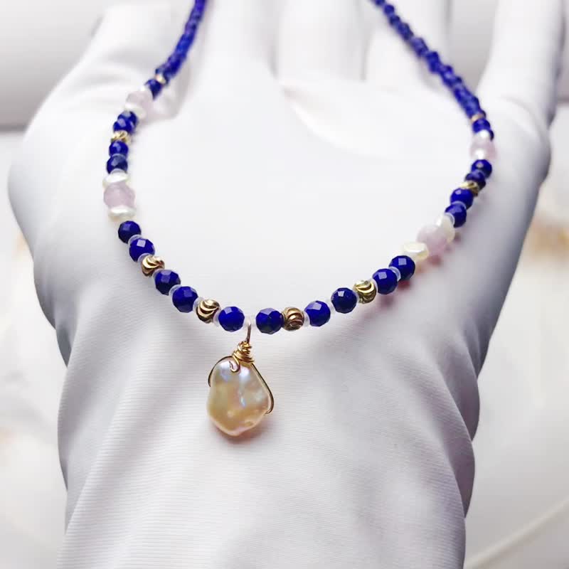 纯手工纯银绕线天然青金紫锂辉珍珠项链 可调节长短 - 项链 - 宝石 多色