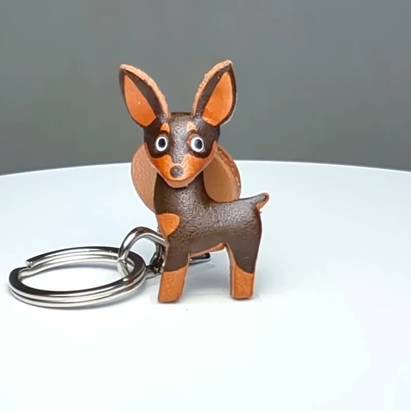 迷你品犬 黑色棕褐色 犬 真皮钥匙圈 牵绳吊饰 手作 日本制造 VANCA - 钥匙链/钥匙包 - 真皮 黑色