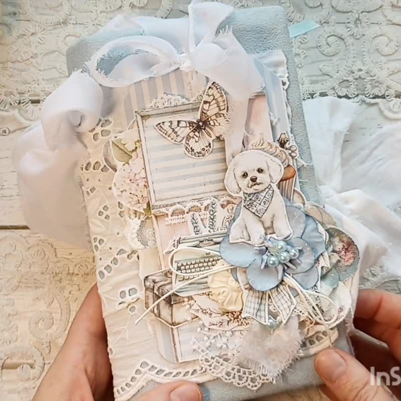 蓝色花卉小狗杂货风手帐 手工制作 乡村玫瑰笔记本 女性 日记 - 笔记本/手帐 - 纸 蓝色