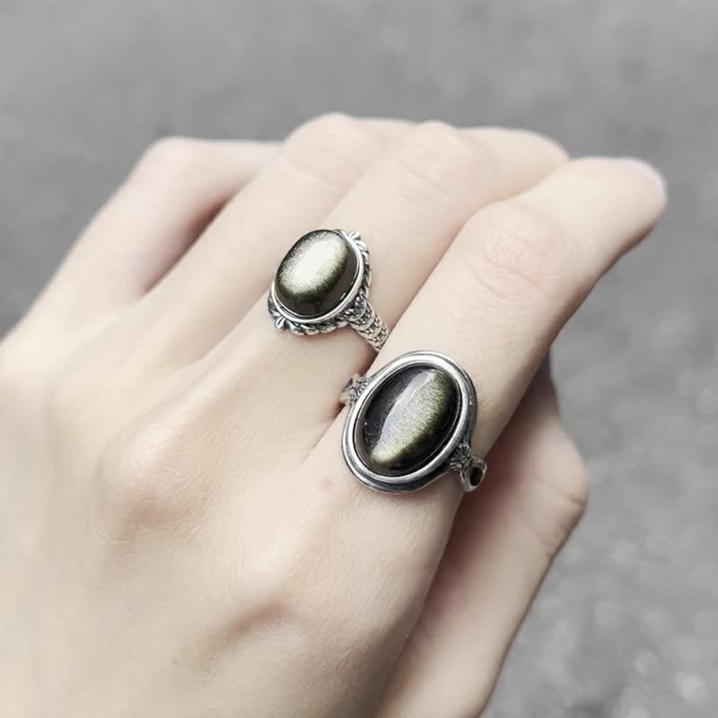 喜迎瑶 925银 金曜石 金沙黑曜石 黑曜石 活口 戒指 民族风 男女 - 戒指 - 水晶 银色