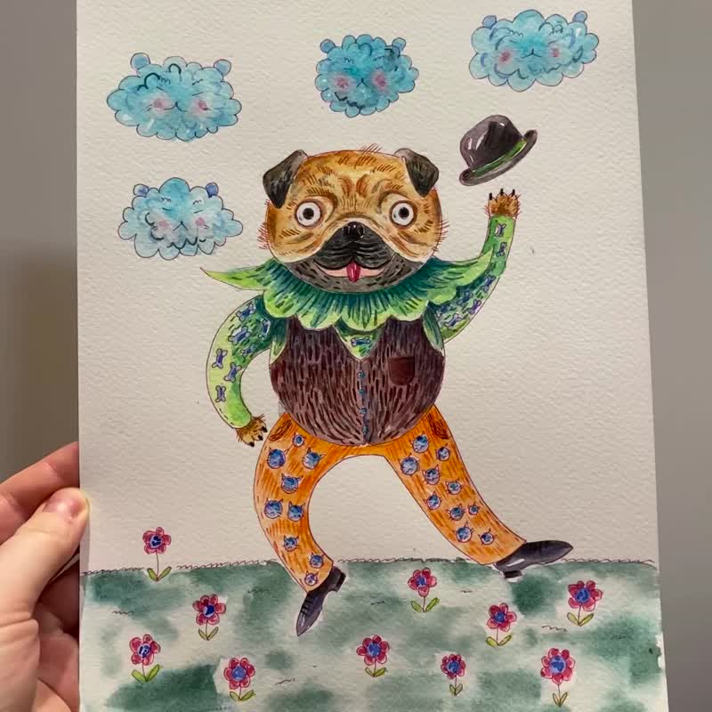 原创水彩巴狗画可爱的狗儿童插画 - 海报/装饰画/版画 - 纸 多色