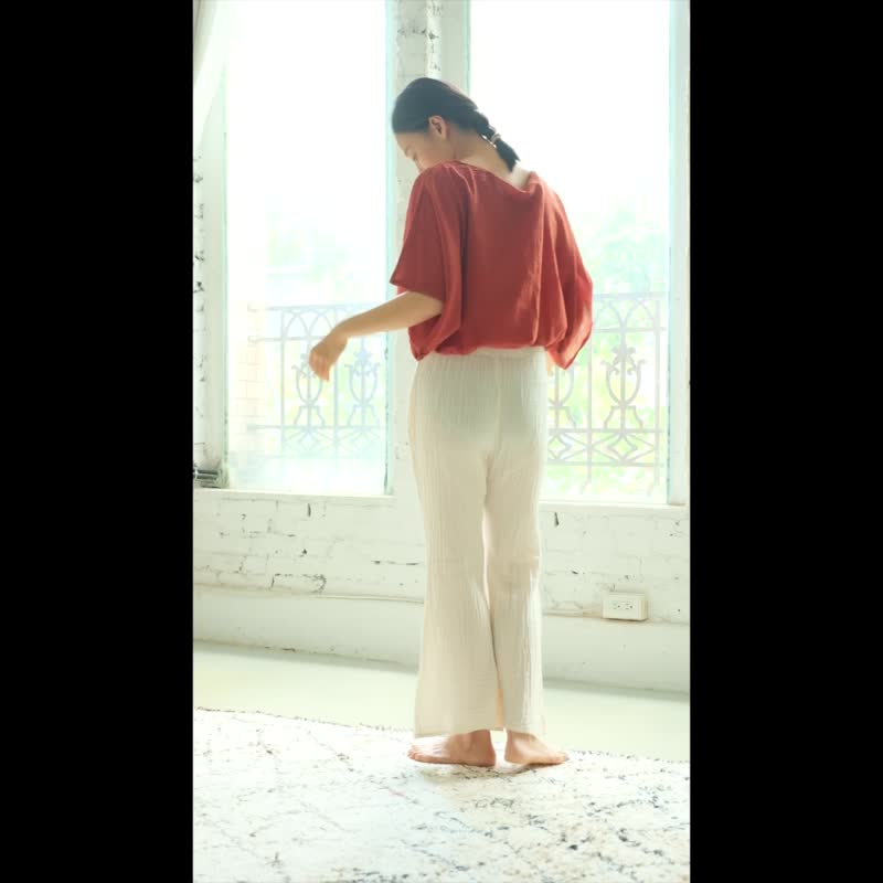 宽版平领下摆缩口上衣 / 慕斯布 橘红 - 女装上衣 - 棉 橘色