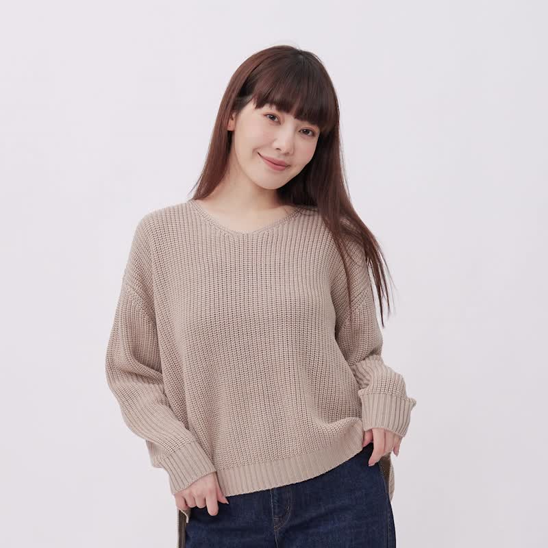 VivianV領針織小開衩舒適毛衣 - 女装针织衫/毛衣 - 其他人造纤维 卡其色