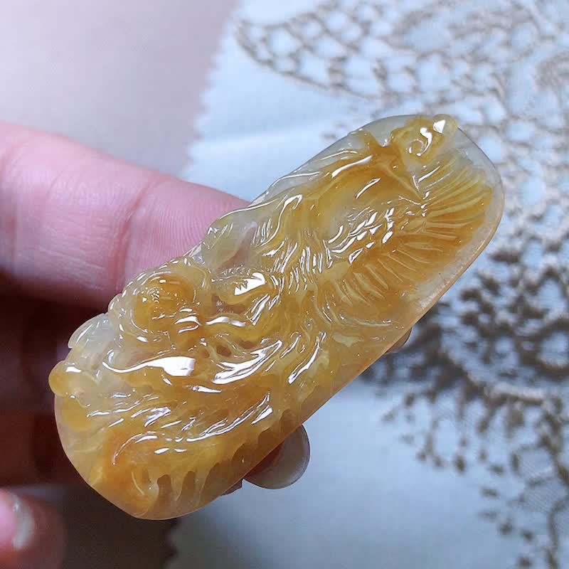 冰飘黄翡翠凤凰 | 天然A货翡翠 | 送礼 - 吊饰 - 玉石 橘色
