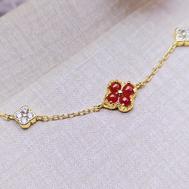 幸运•和美•制太岁|马卡龙红|缅甸翡翠无烧红翡纯银四叶草手链 - 手链/手环 - 玉石 