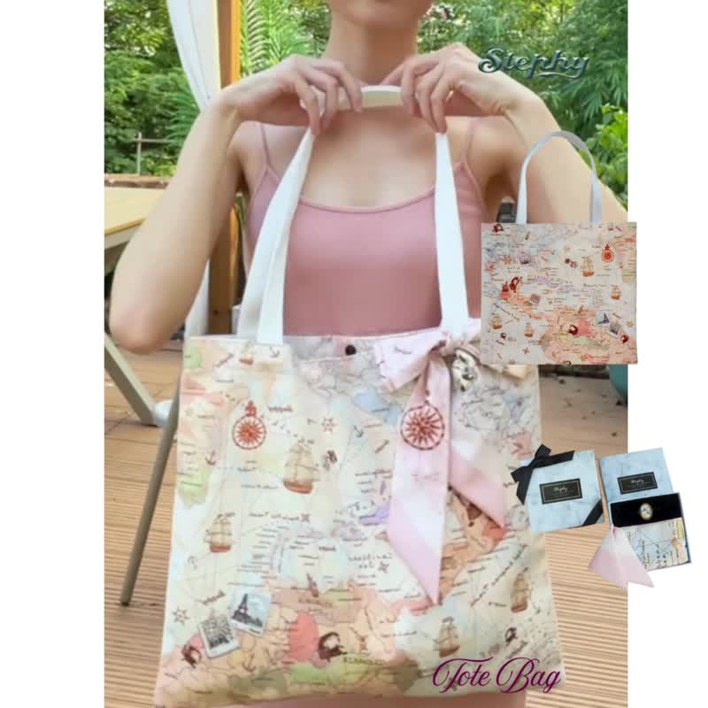 世界地图TOTE BAG 丝巾包包 | 爱旅行者托特包 丝巾+包包两用 - 手提包/手提袋 - 其他人造纤维 