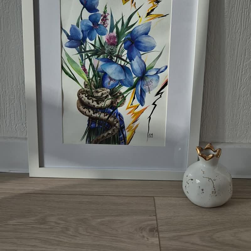 野花花束-艺术品手绘水彩纸上绘画 - 墙贴/壁贴 - 纸 蓝色