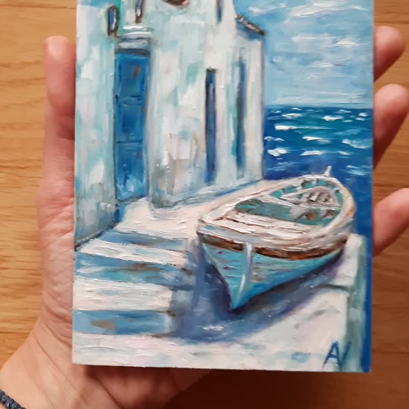 希腊海景 原创油画 笔触感船只艺术品 - 墙贴/壁贴 - 木头 