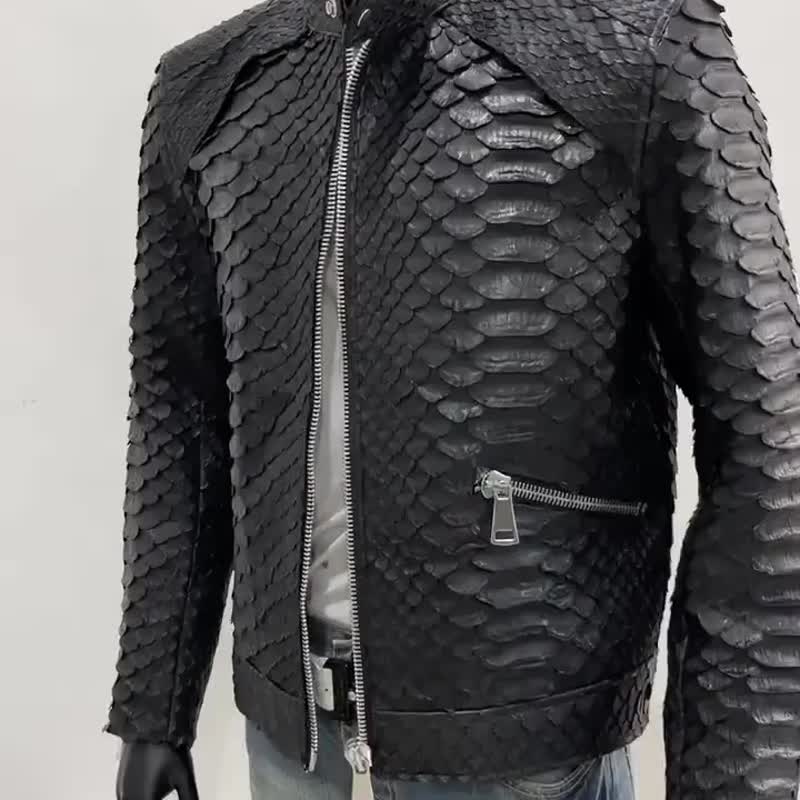 男士黑色国王蟒蛇皮 (King Python) 重机骑士夹克 - 男装外套 - 真皮 黑色