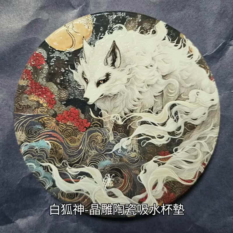 白狐神-晶雕吸水陶瓷杯垫 - 杯垫 - 陶 白色