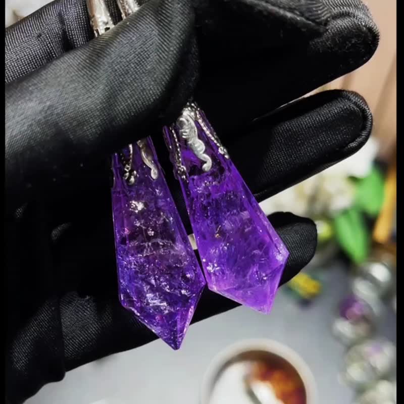 珍贵天然彩虹粉晶 尖锥 灵摆 水晶项链 彩虹紫黄晶 彩虹紫晶 吊坠 - 项链 - 水晶 紫色