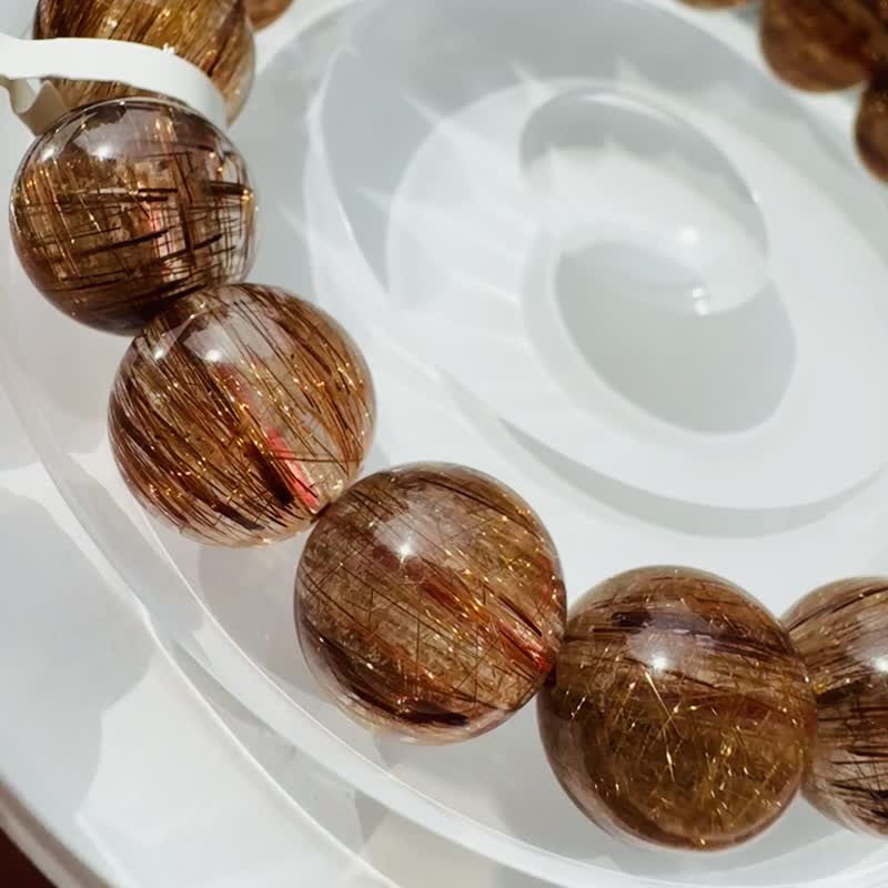 收藏老矿满顺发猫眼红铜发晶水晶 12.5mm48.05g 正财事业正能量避邪 - 手链/手环 - 水晶 金色