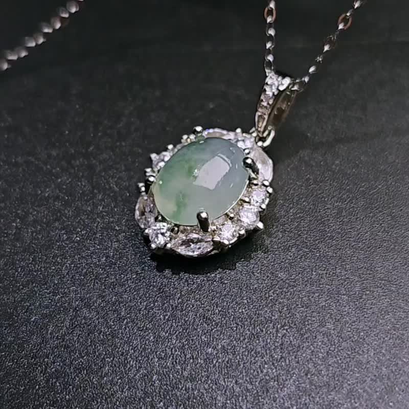 招财|仙气高冰晴飘花放光蛋面|缅甸A货翡翠纯银日系宫廷风吊坠 - 项链 - 玉石 