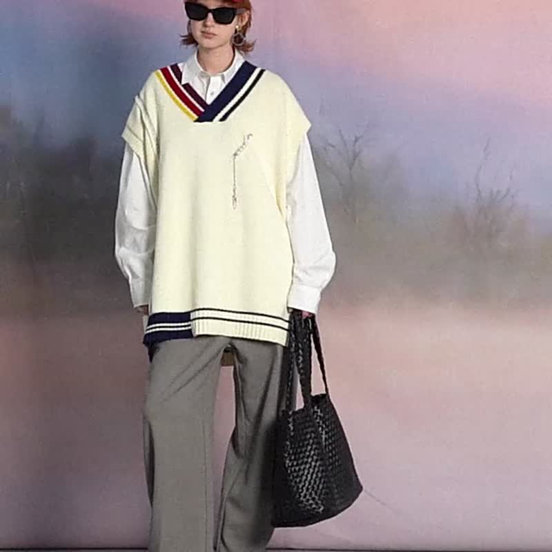 UNVESNO复古宽松V领针织毛衣 坎肩春季马甲背心 情侣款 SWS-1321 - 男装背心 - 棉．麻 