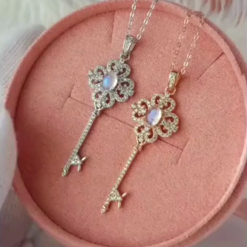 彩虹月光石 925 纯银镀玫瑰金 项链 - 项链 - 纯银 白色