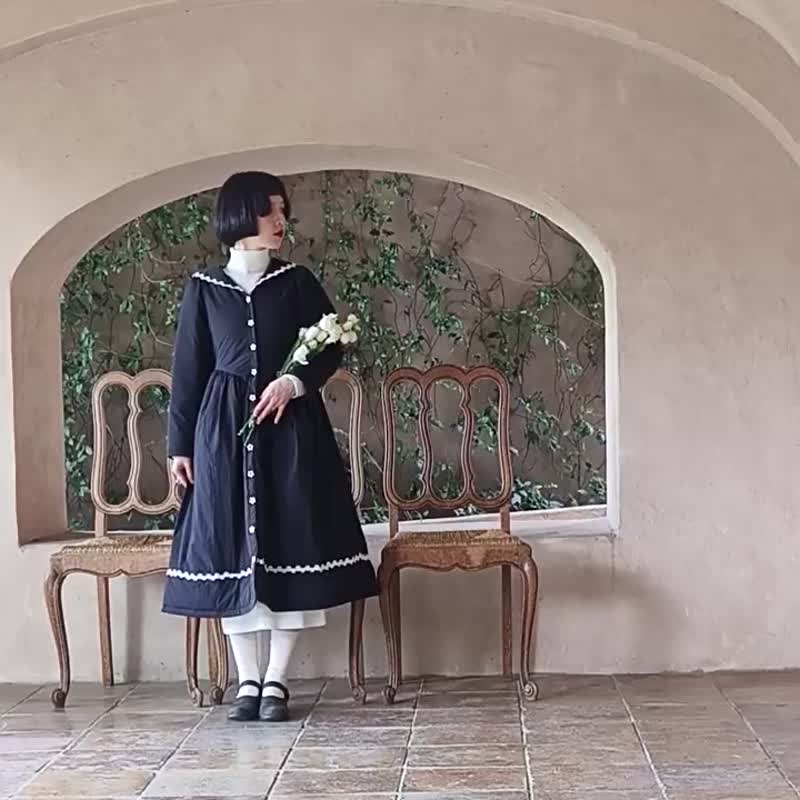 黑色 系少女V領花邊排扣洋裝外套 系帶收腰棉服連衣裙 冬季裙子 - 女装休闲/机能外套 - 其他人造纤维 黑色
