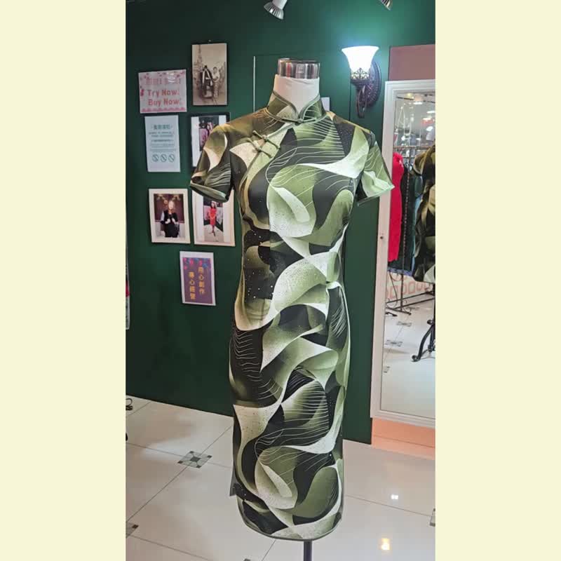 【VINTAGE 悦裳】新式改良复古旗袍  几何水彩风旗袍 - 旗袍 - 棉．麻 绿色