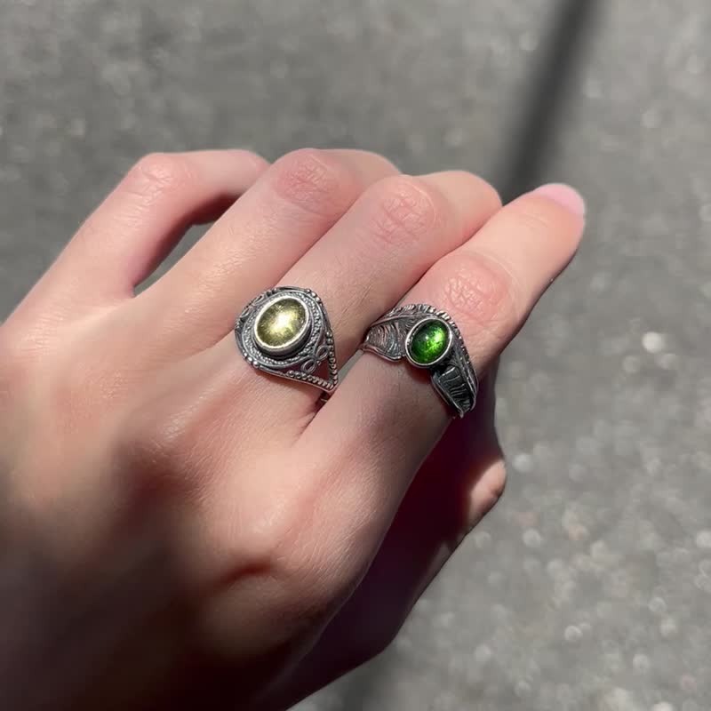 喜迎瑶 925银 碧玺 黄碧玺 绿碧玺 羽毛戒指 活口 戒指 民族风 - 戒指 - 水晶 银色