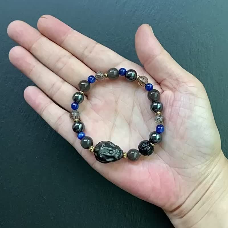 黑金超七 黑胆石 天狼星 黑玛瑙莲花 蓝晶石 银曜石龙龟 黄铜手链 - 手链/手环 - 水晶 多色