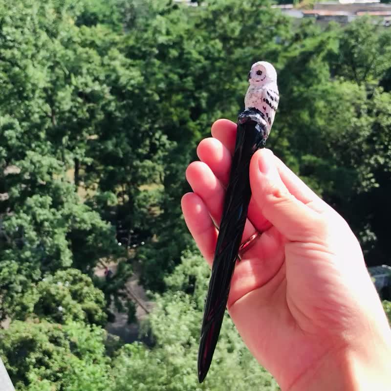 雪鸮造型木质发夹，适用于长发的发簪 - 发饰 - 木头 黑色